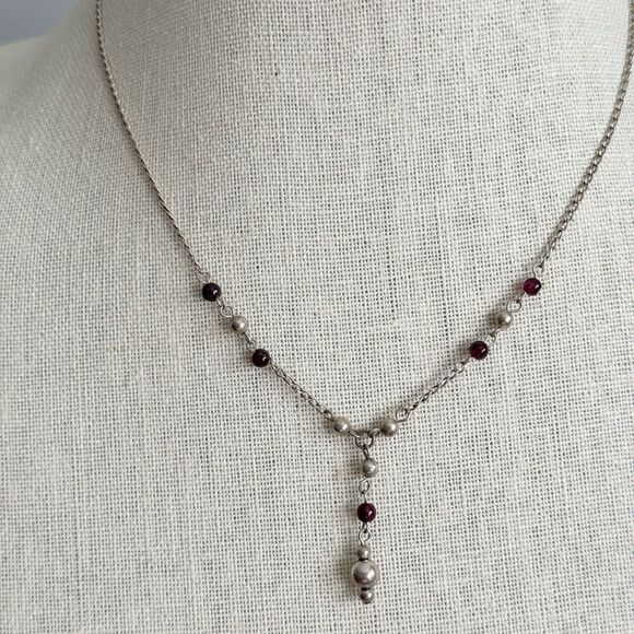 Sterling Silver And Garnet Beaded Y Drop Dainty Necklace Minimalist Classic Y2K - Picture 10 of 10